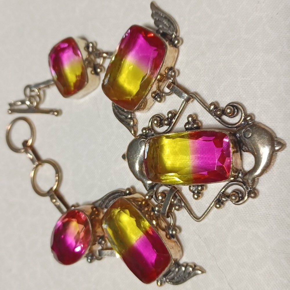 Bi tourmeline bracelet silver handmade jewelry pink yellow dolphins wings facets